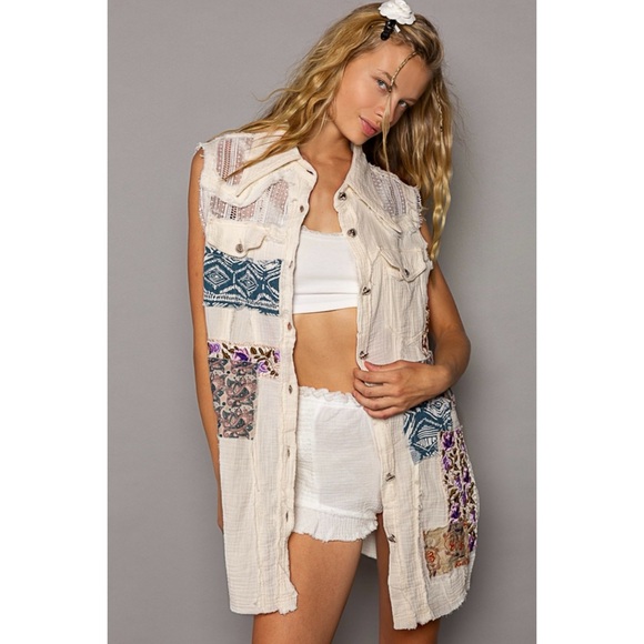 POL Cream Patchwork & Lace Gauze Button Front Vest Dress - Picture 3 of 12